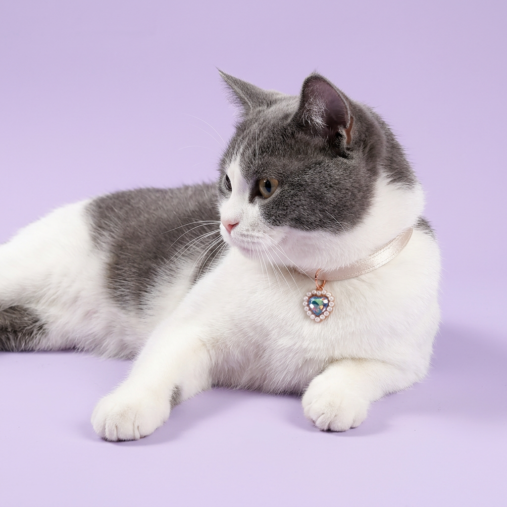 Bicolor cat lounging on its side, wearing the ivory satin iridescent heart-charm collar