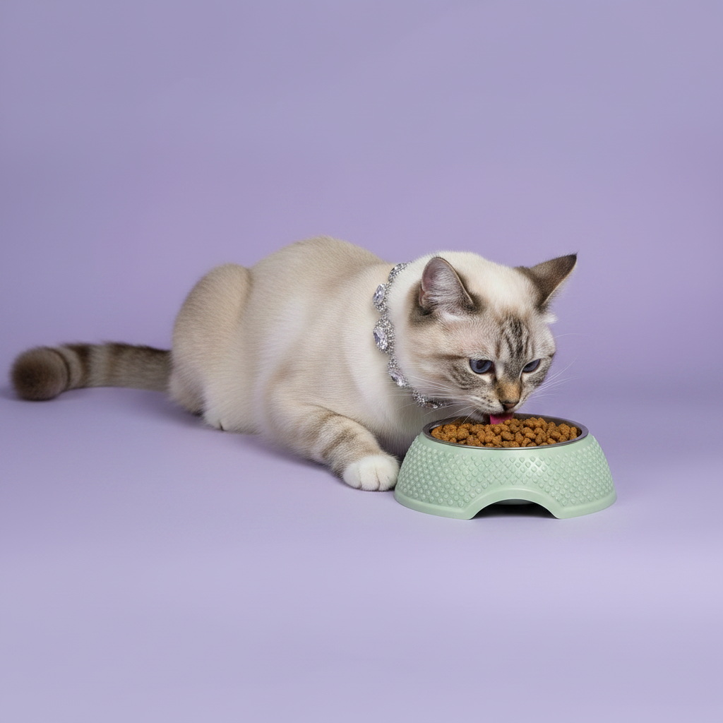 Birman cat wearing a luxury crystal rhinestone collar eating dry kibble from a mint green heart embossed pet bowl, lavender background