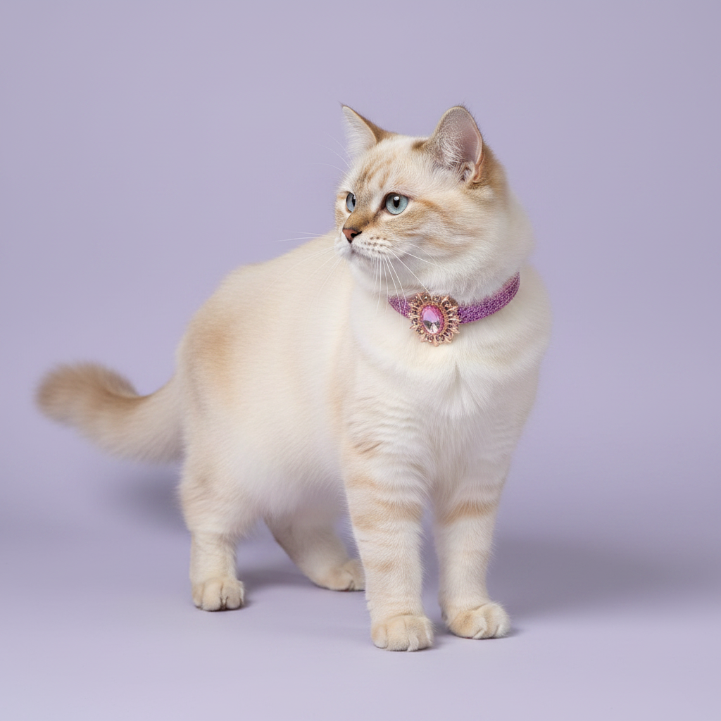 Cream Birman cat wearing lilac pink glitter breakaway cat collar with pink oval crystal sunburst pendant