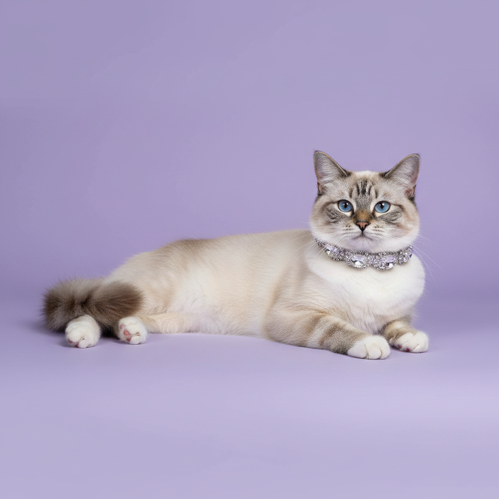 Blue-eyed seal lynx point Birman cat lying down in full profile and facing camera wearing a silver multi-oval crystal rhinestone statement collar, luxury diamond cat collar for long-haired cats on lavender background