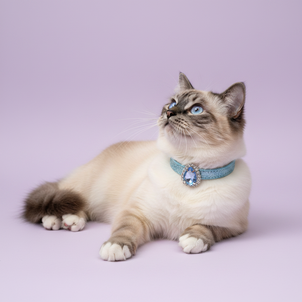 Blue-eyed seal point Birman cat lying down with head raised and gazing upward wearing a blue glitter rhinestone collar with oval blue crystal pendant, luxury bling cat collar for long-haired cats on lavender background
