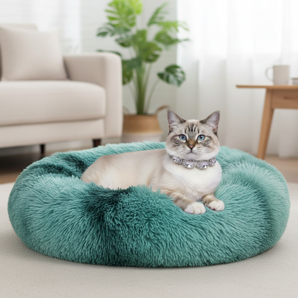 Birman cat wearing a crystal rhinestone collar lounging in a round teal shaggy faux fur donut calming pet bed in a bright modern living room
