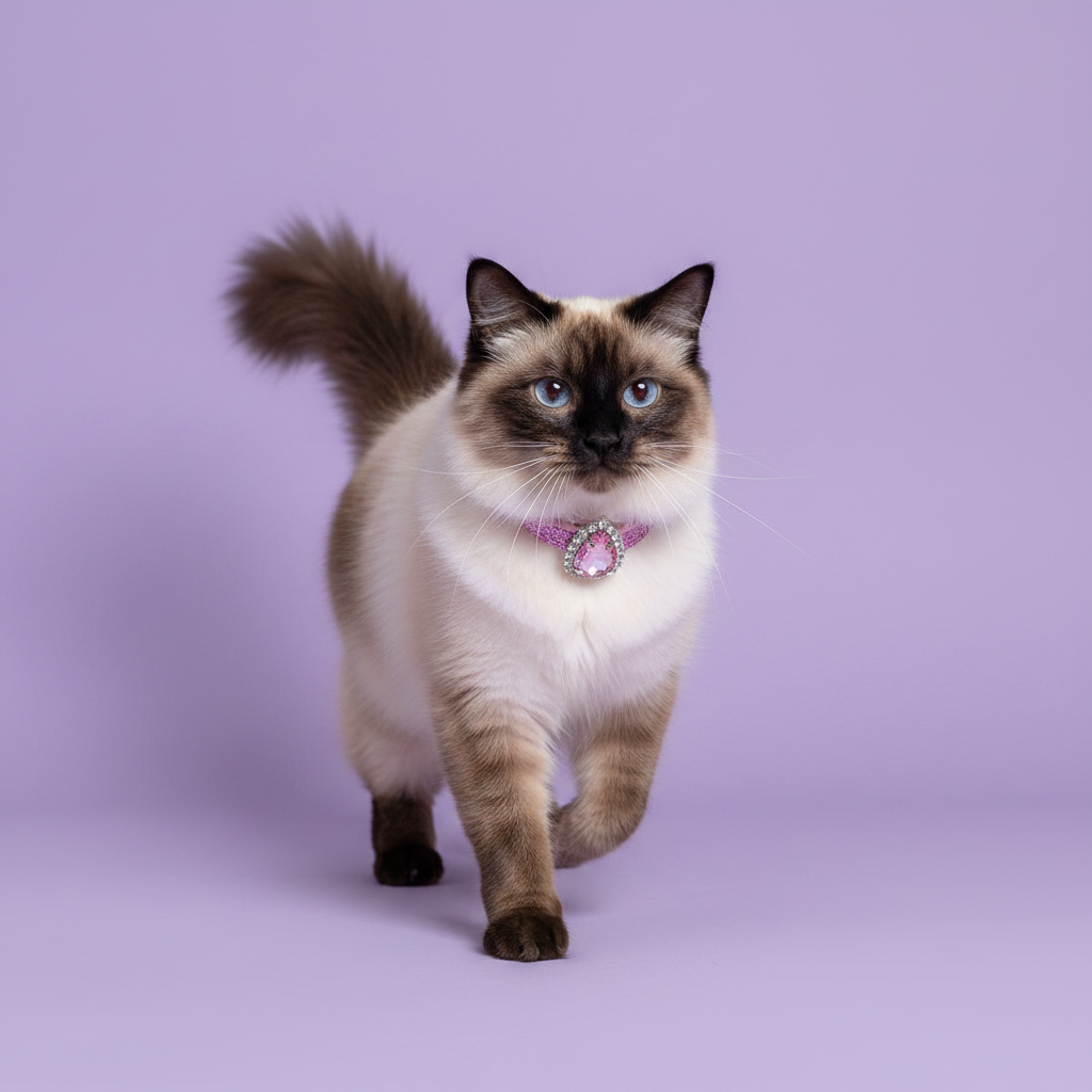 Blue-eyed seal point Birman cat walking toward camera with one paw raised and tail up wearing a pink glitter rhinestone collar with teardrop pink crystal pendant, luxury bling cat collar for long-haired cats on lavender background