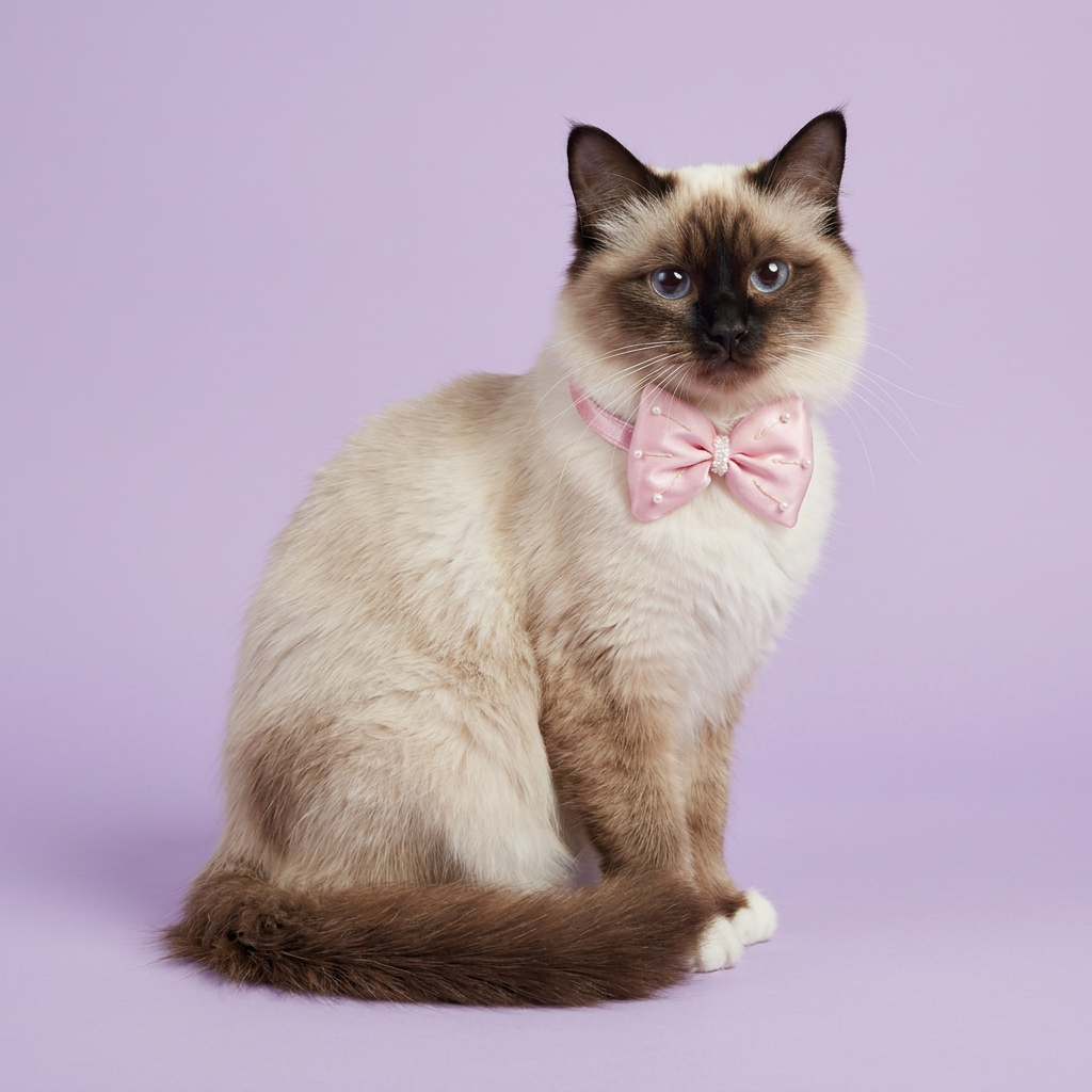 Birman cat seated in pink bow collar