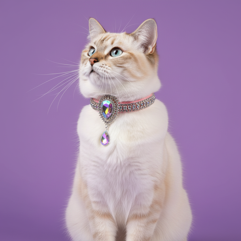 Cream Birman cat wearing pink rhinestone breakaway cat collar with aurora borealis crystal teardrop pendant