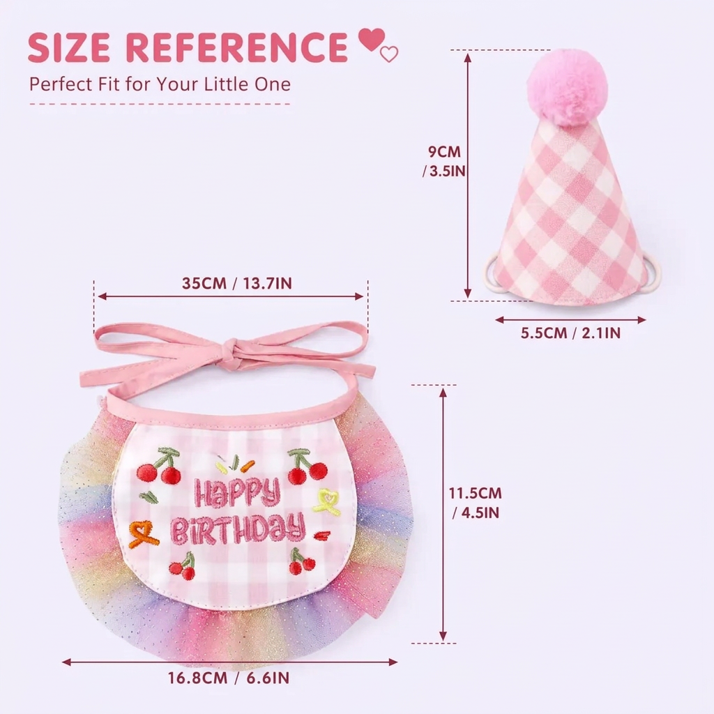 Birthday accessory size reference on a very light lavender background