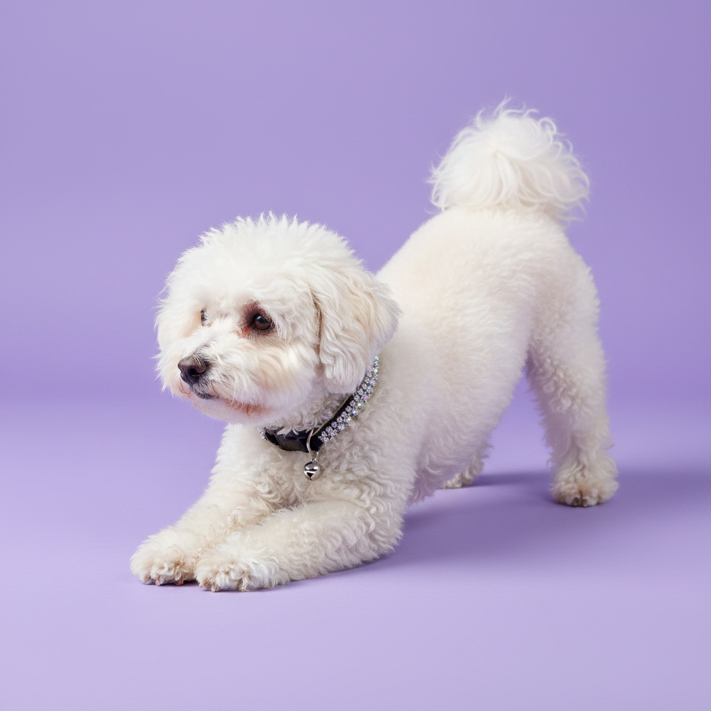White Bichon Frise in playful bow pose wearing a black AB rhinestone dog collar with silver bell