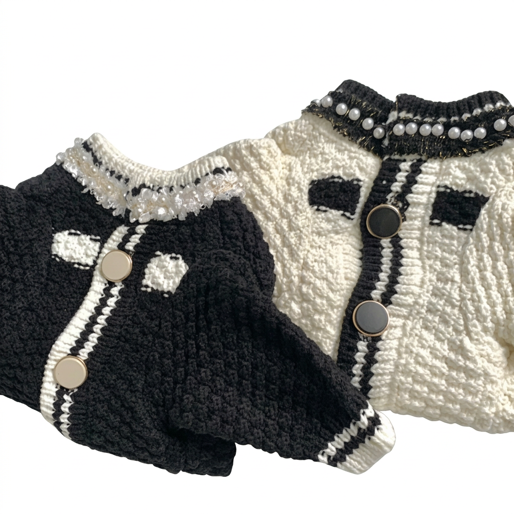 Black and cream pet cardigans on a white background