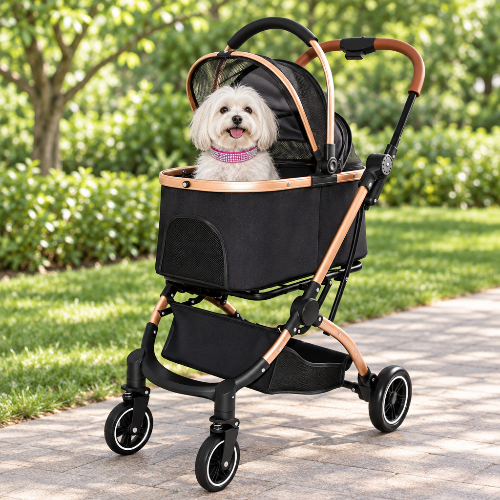 Black-and-gold stroller outdoors with dog wearing fuchsia collar