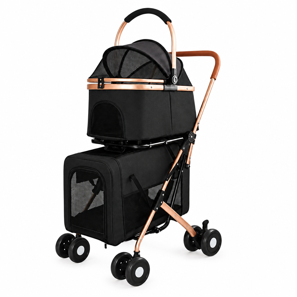 Black and rose-gold double pet stroller by itself