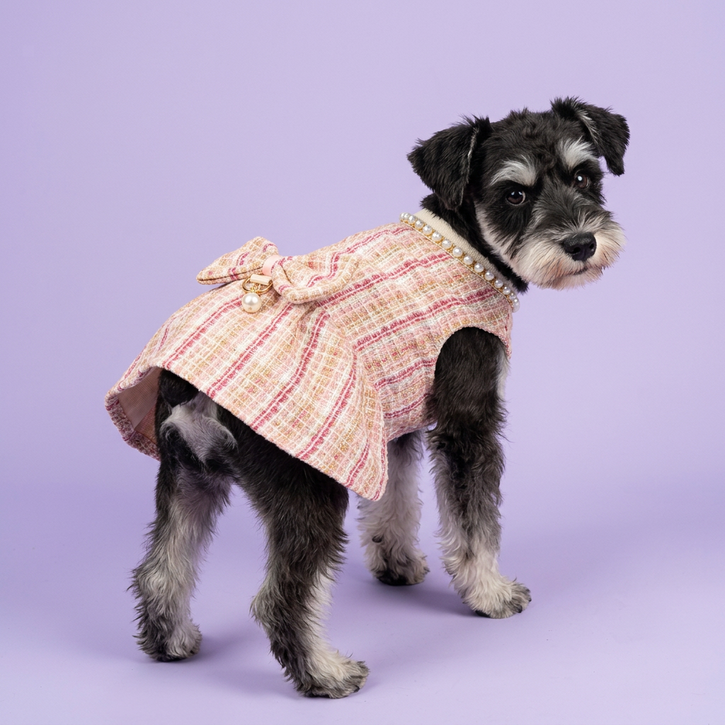 Black-and-silver schnauzer looking back in the pink tweed dress