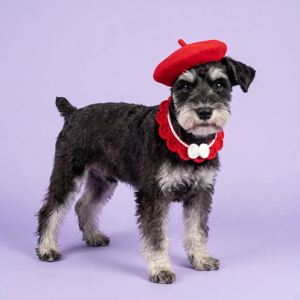 Black-and-silver schnauzer wearing the red beret and thin bib