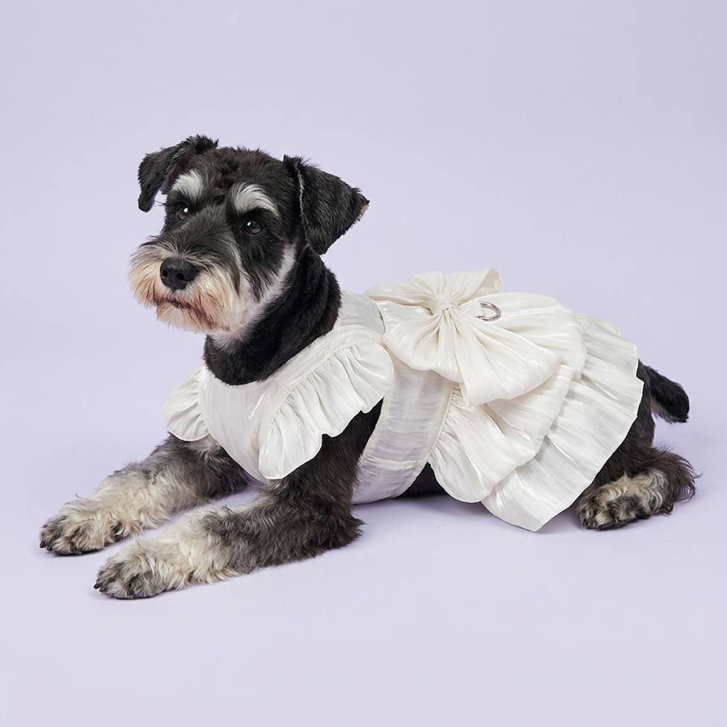 Black-and-silver schnauzer wearing the white bow dress