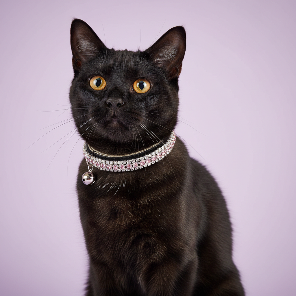 Black-and-tan cat in the black velvet collar with pink trim