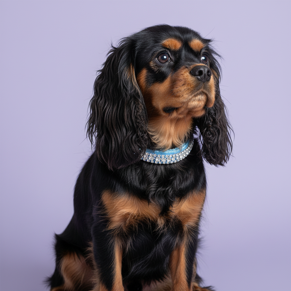 Black-and-tan Cavalier King Charles Spaniel in the light-blue velvet diamante collar