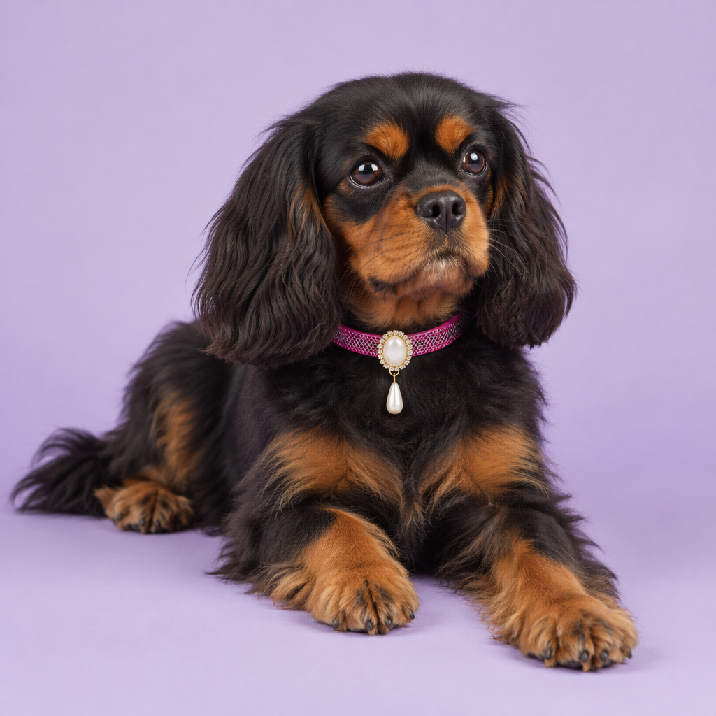 Black-and-tan Cavalier lounging