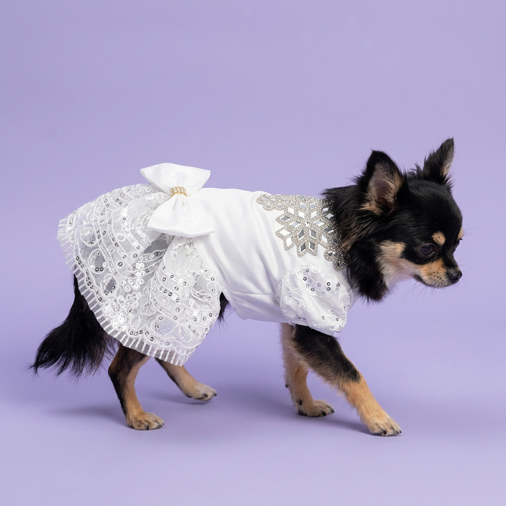 Black-and-tan Chihuahua gently stepping in the jeweled white dress