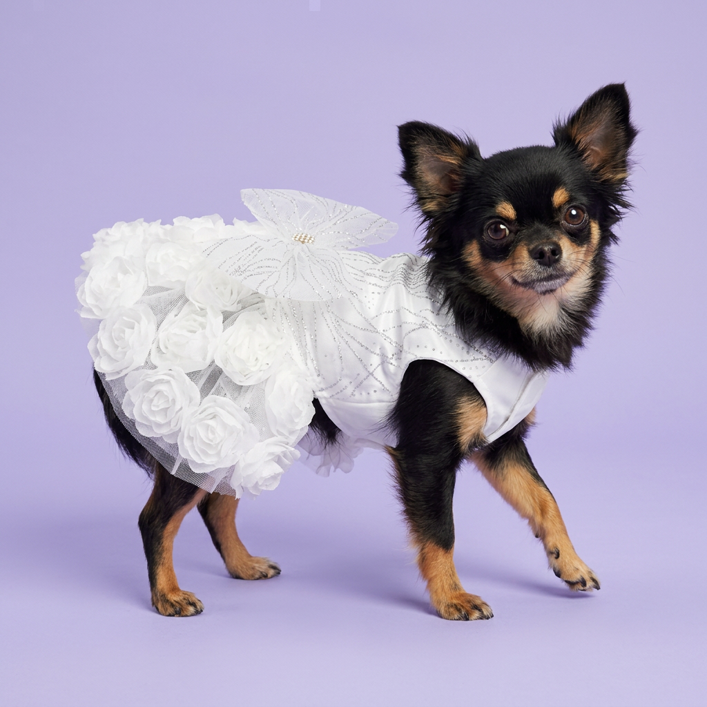 Black-and-tan Chihuahua gently stepping in the white rosette dress