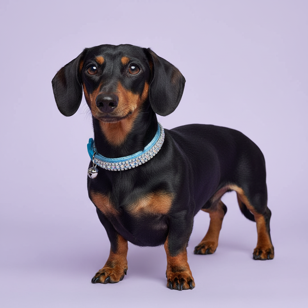 Black-and-tan Dachshund in the light-blue AB velvet collar