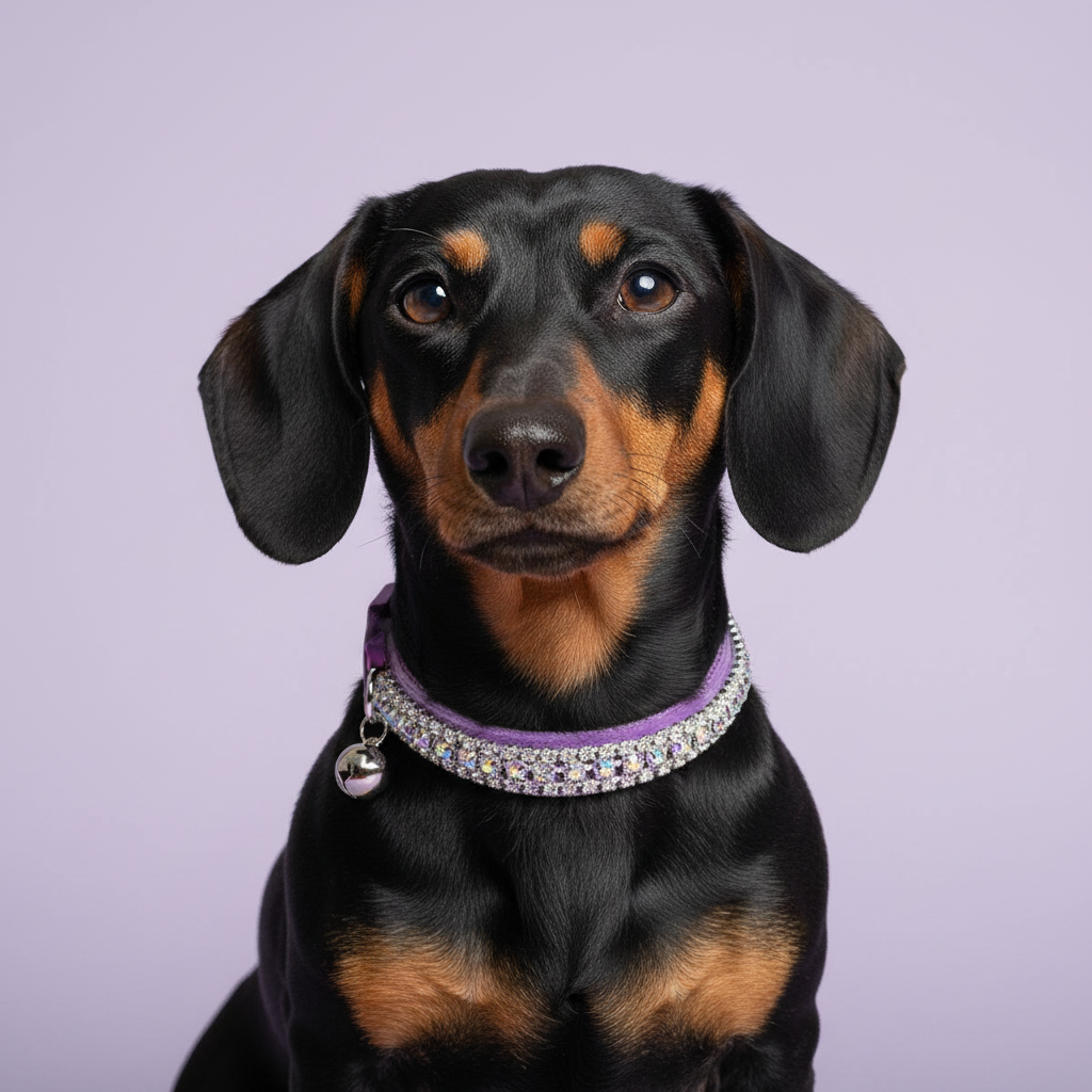 Black-and-tan Dachshund in the purple velvet collar with AB trim