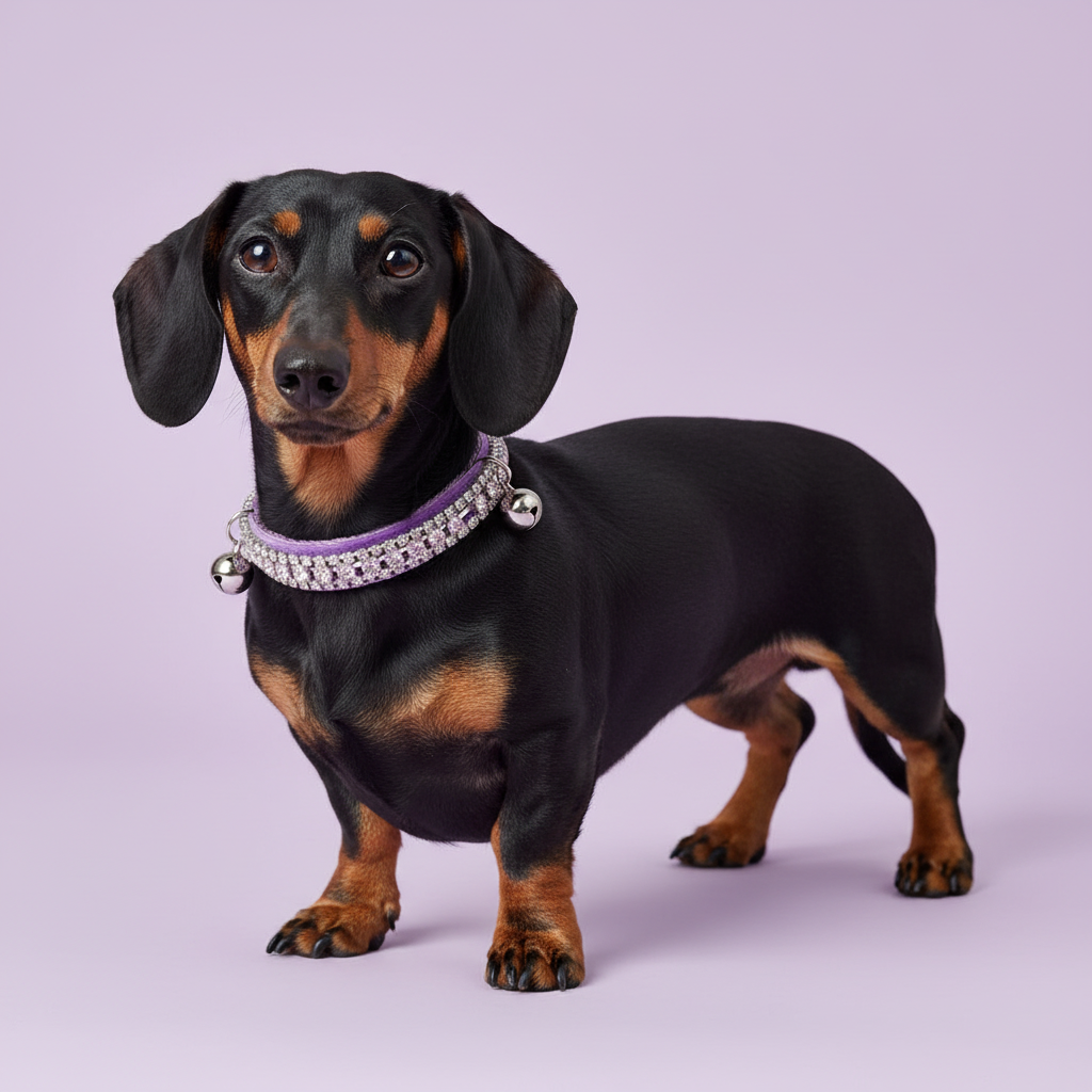 Black-and-tan Dachshund in the purple velvet collar with pink trim