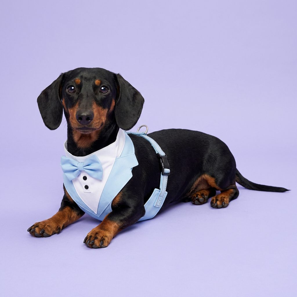 Black-and-tan dachshund lounging in the light-blue tuxedo harness