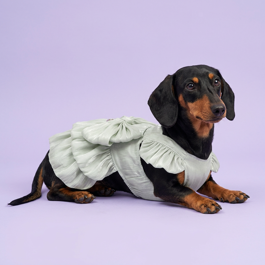 Black-and-tan dachshund lounging in the pale-mint dress
