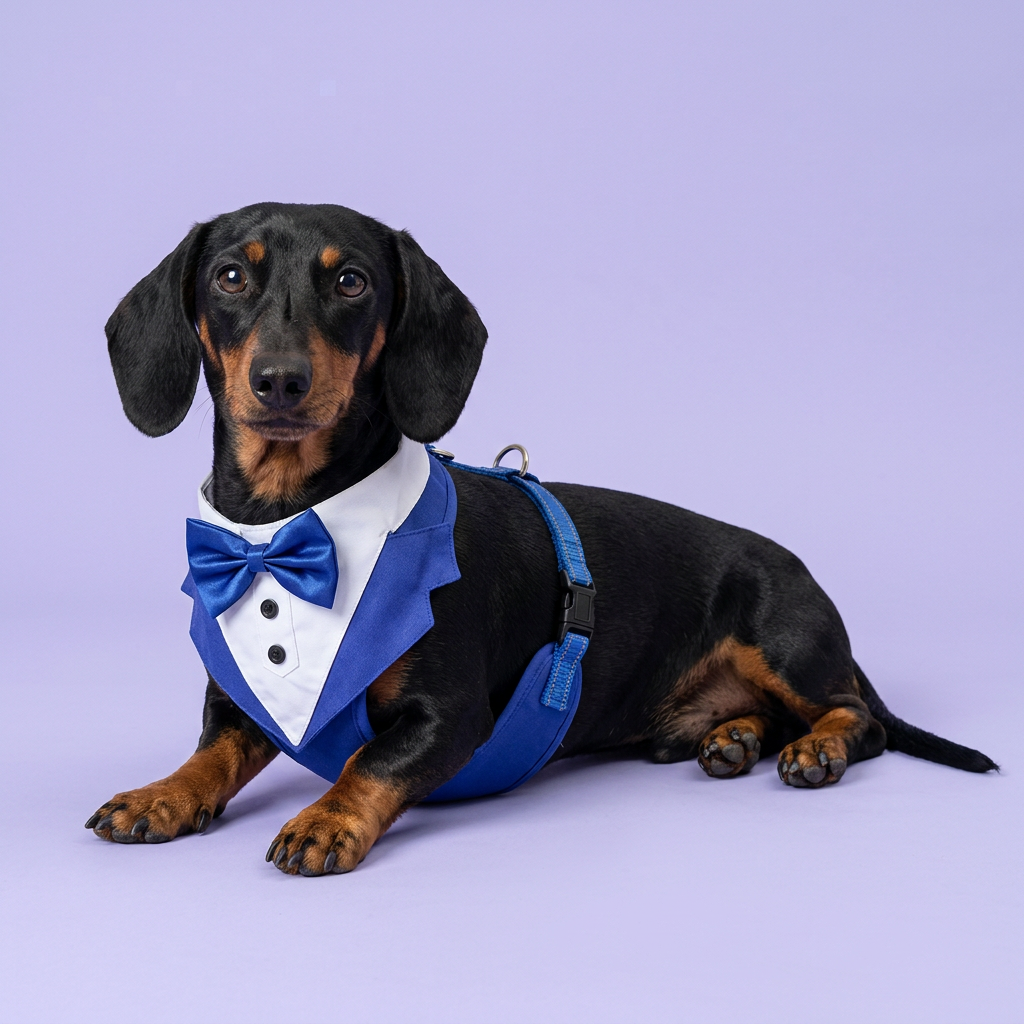 Black-and-tan dachshund reclining in the royal-blue tuxedo harness
