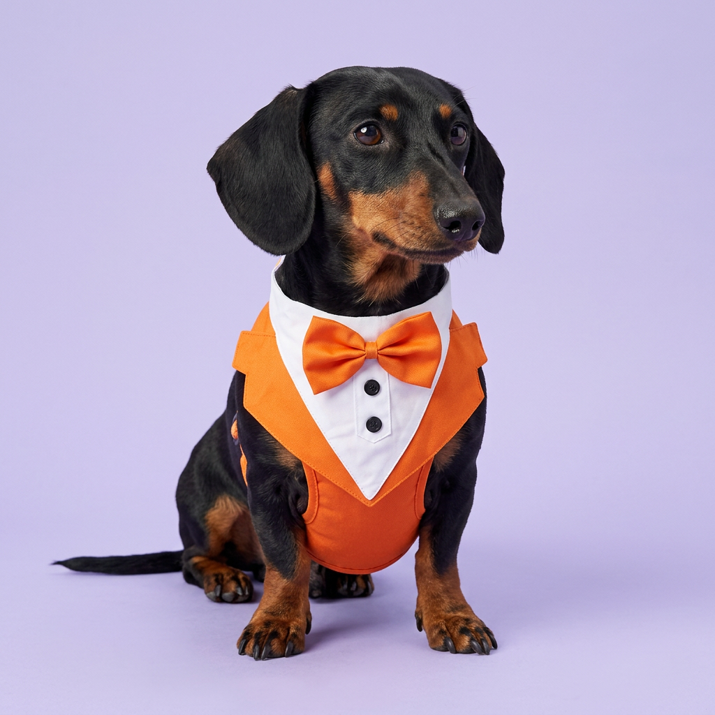 Black-and-tan dachshund seated in the orange tuxedo harness