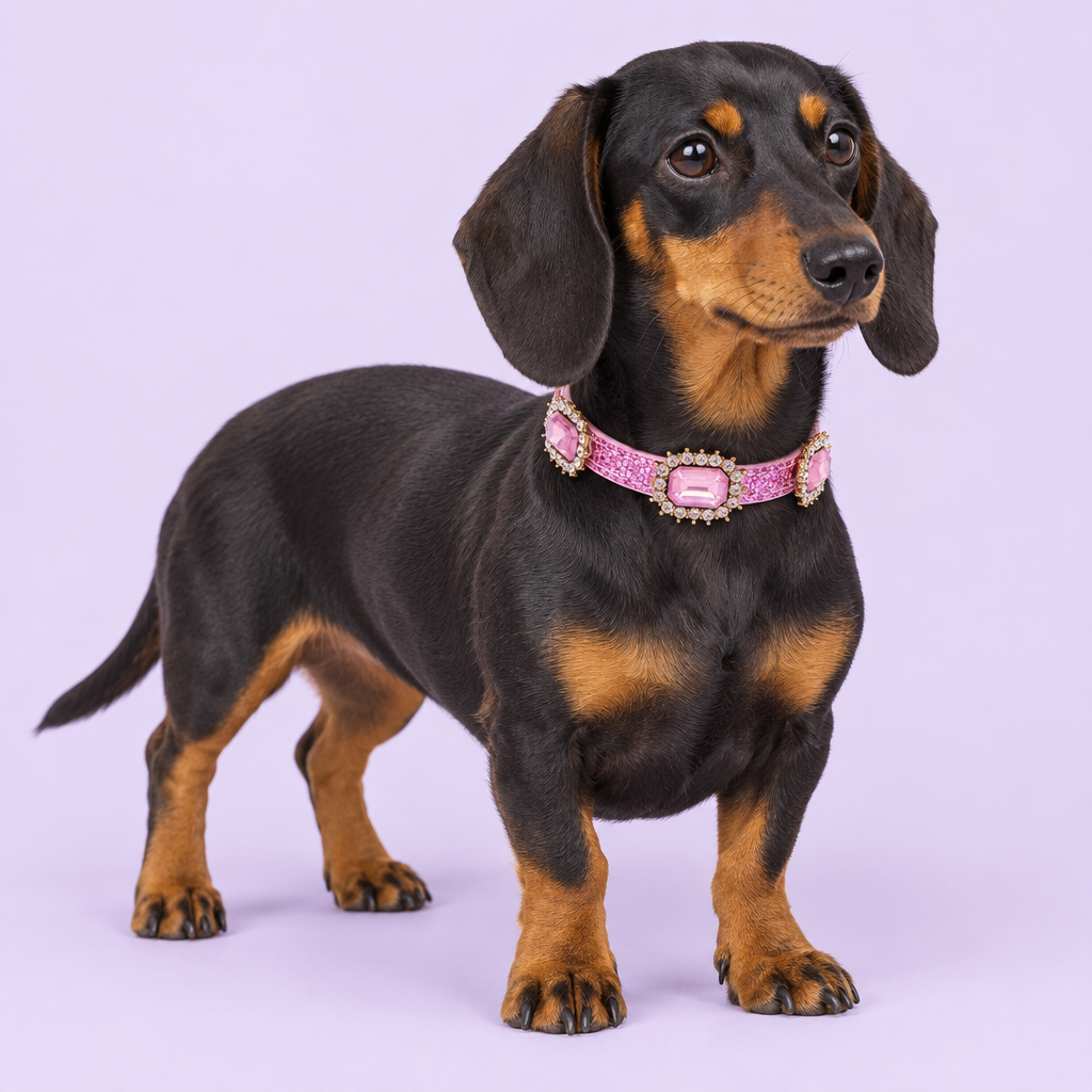 Black-and-tan dachshund standing in a three-quarter pose