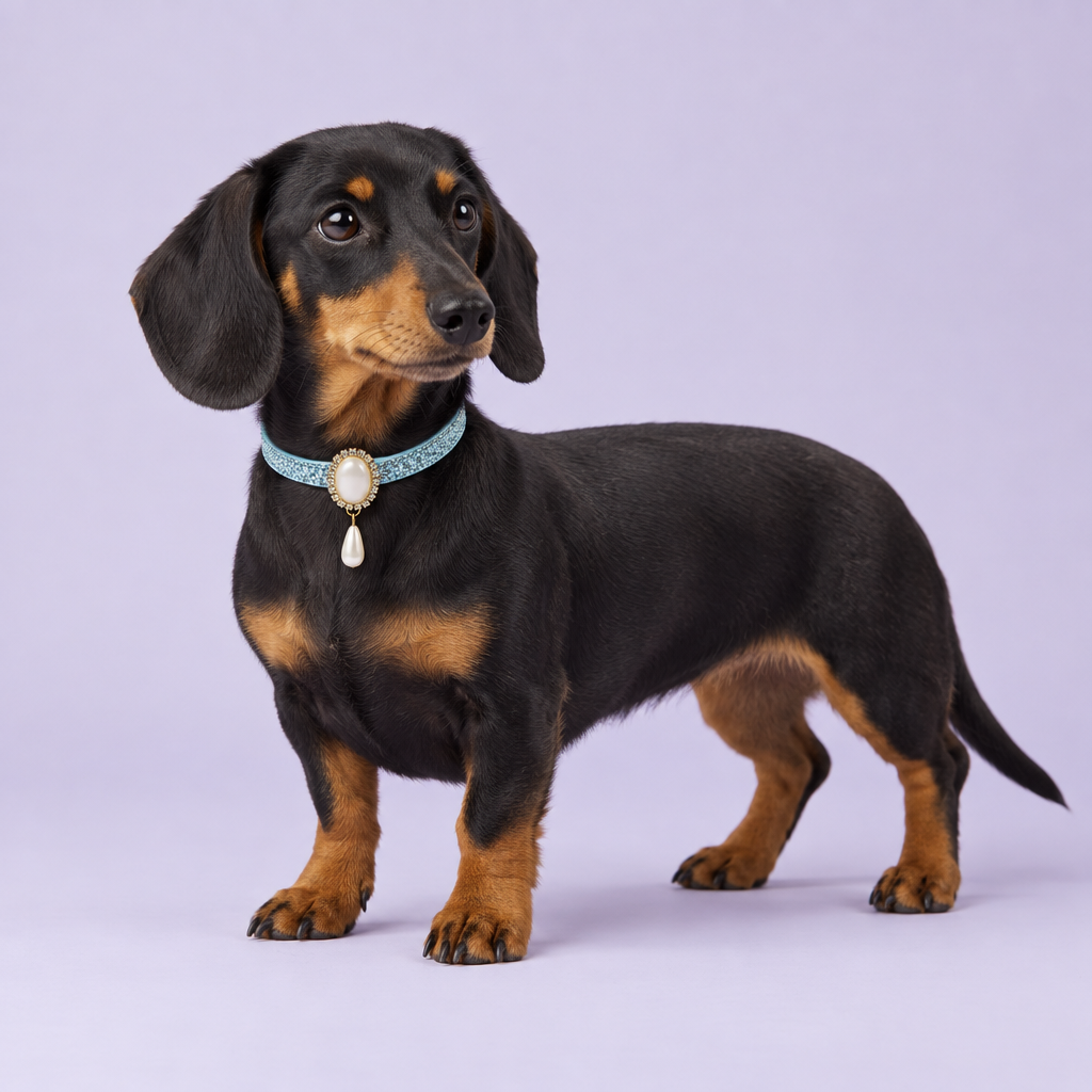Black-and-tan dachshund standing sideways