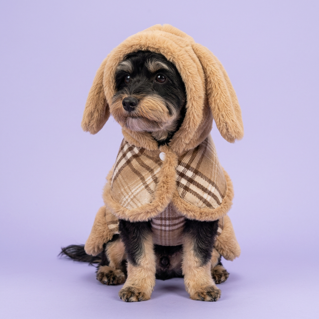 Black-and-tan Havanese seated with the floppy-eared hood up