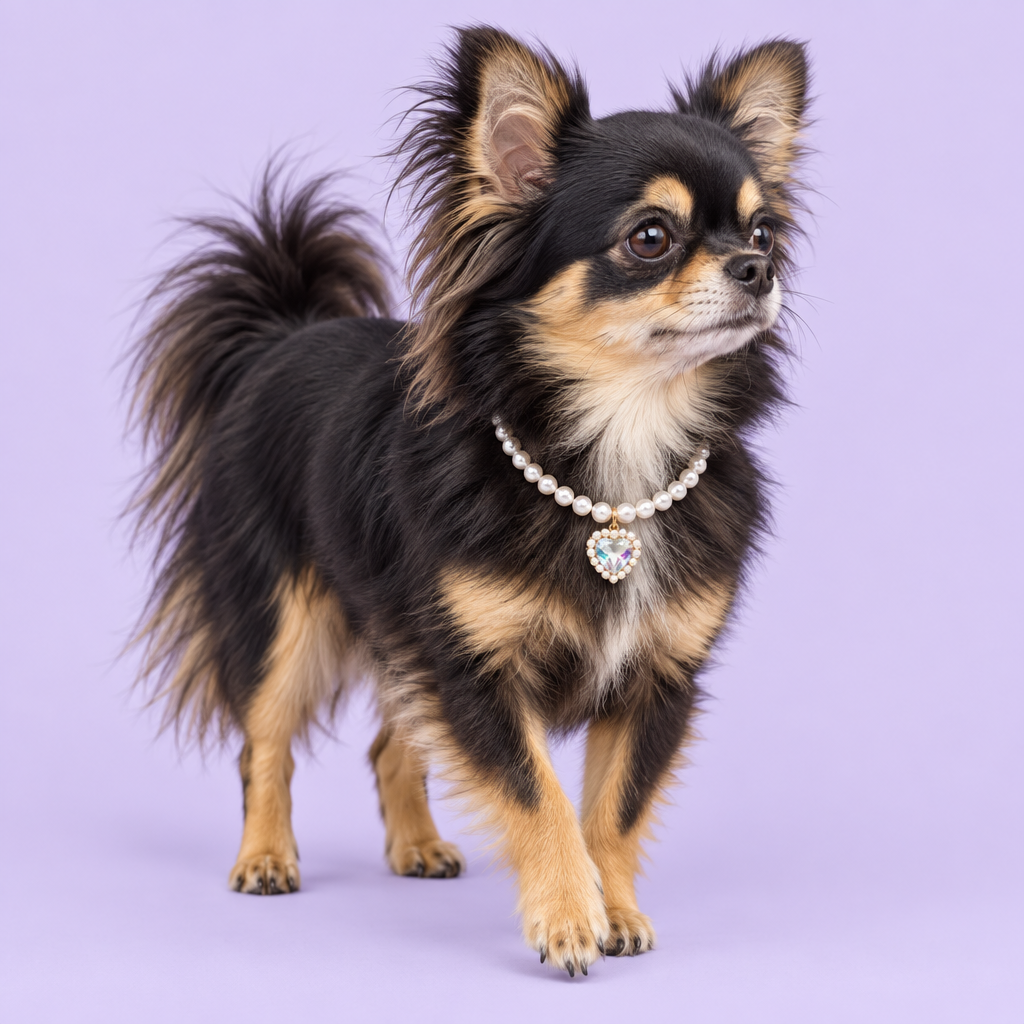 Black-and-tan long-haired Chihuahua stepping