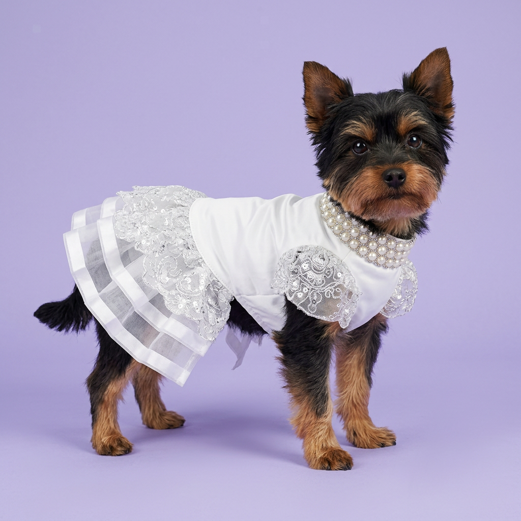 Black-and-tan silky terrier standing in the pearl-neck dress