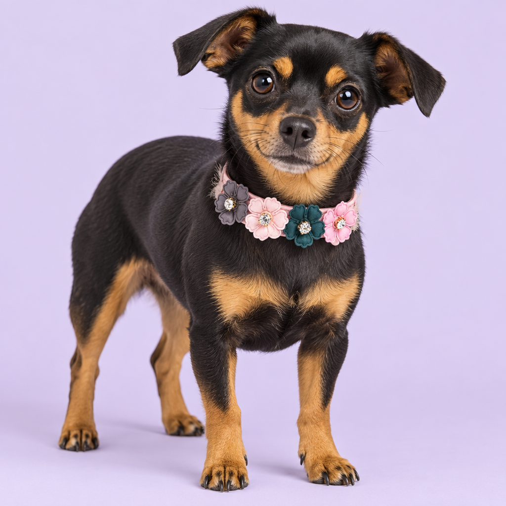 Black-and-tan small dog wearing the floral collar