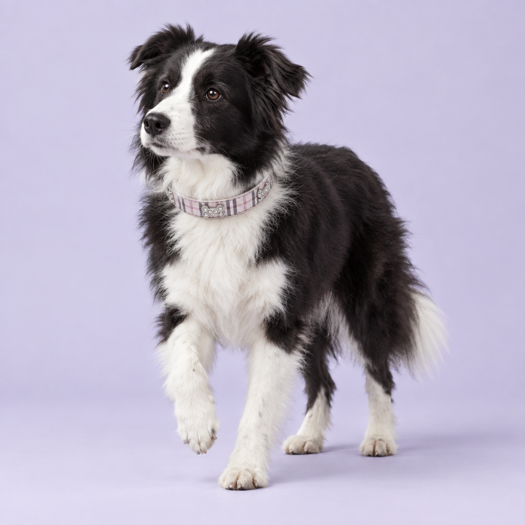 Black-and-white Border collie taking a gentle step
