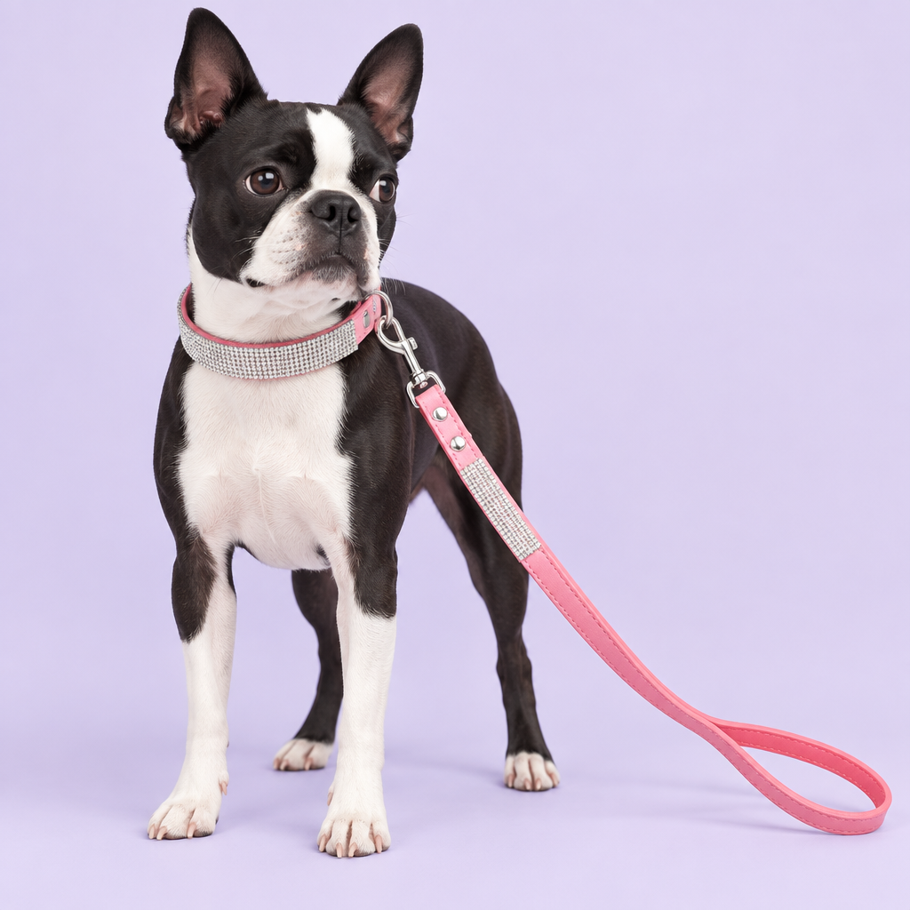 Black-and-white Boston Terrier wearing the pink collar and leash
