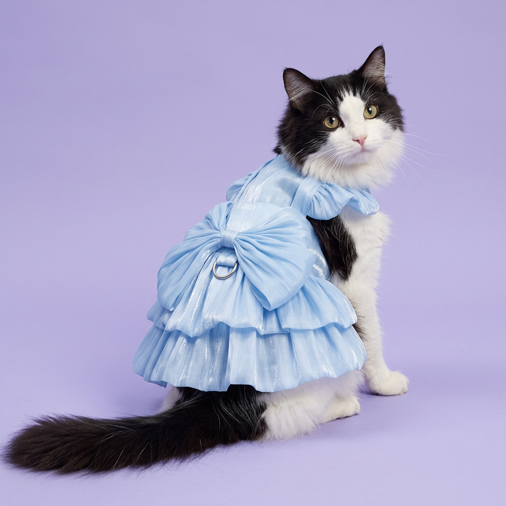 Black-and-white cat showing the powder-blue back bow