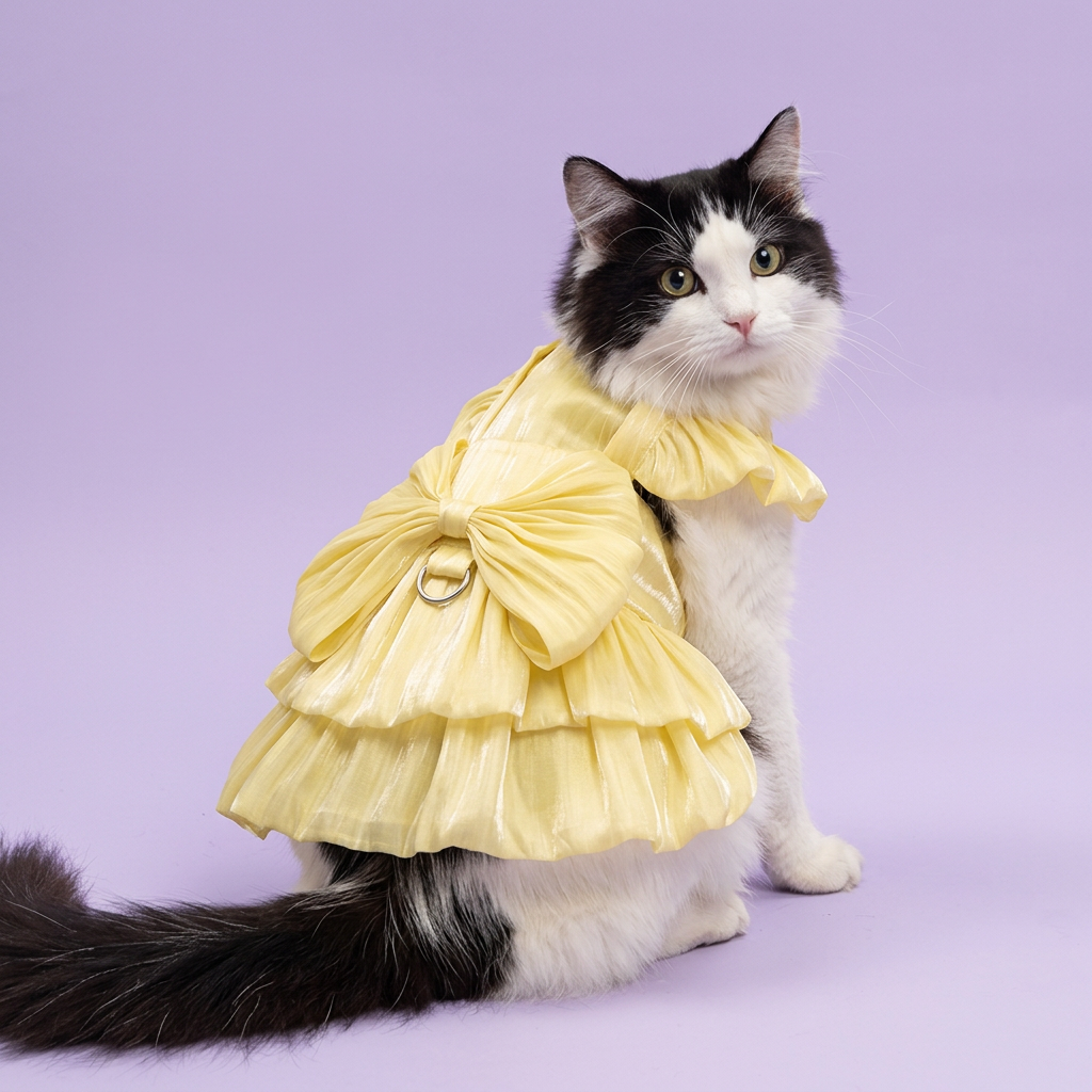 Black-and-white cat showing the yellow back bow