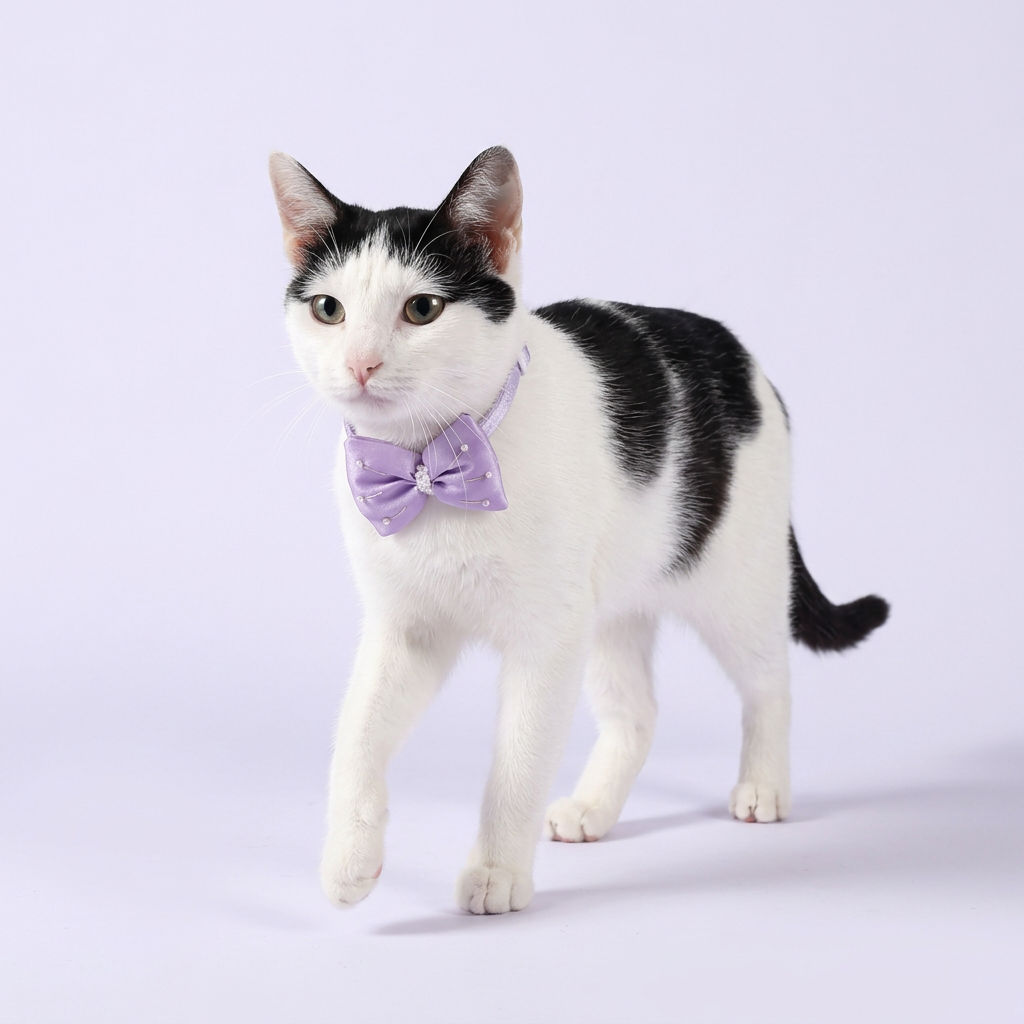 Black and white cat stepping in lavender bow collar