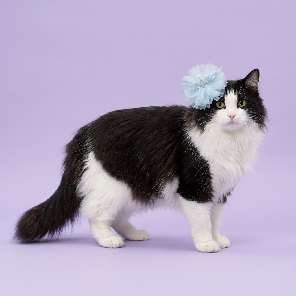 Black-and-white cat wearing the baby-blue tulle crown clip
