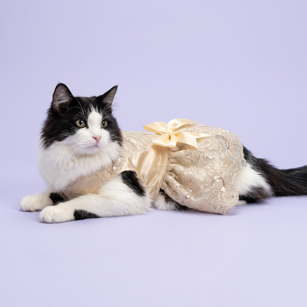 Black-and-white cat wearing the champagne-gold dress