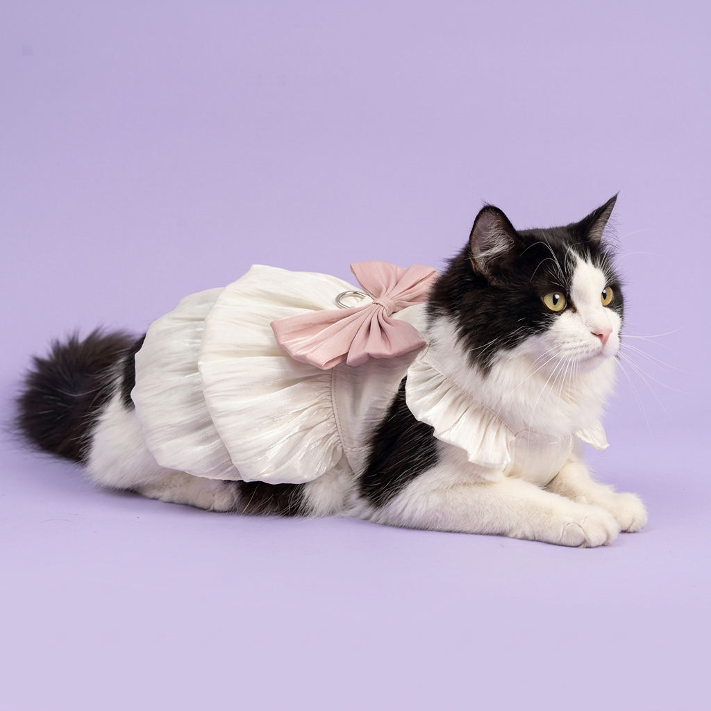 Black-and-white cat wearing the ivory dress with dusty-pink bow
