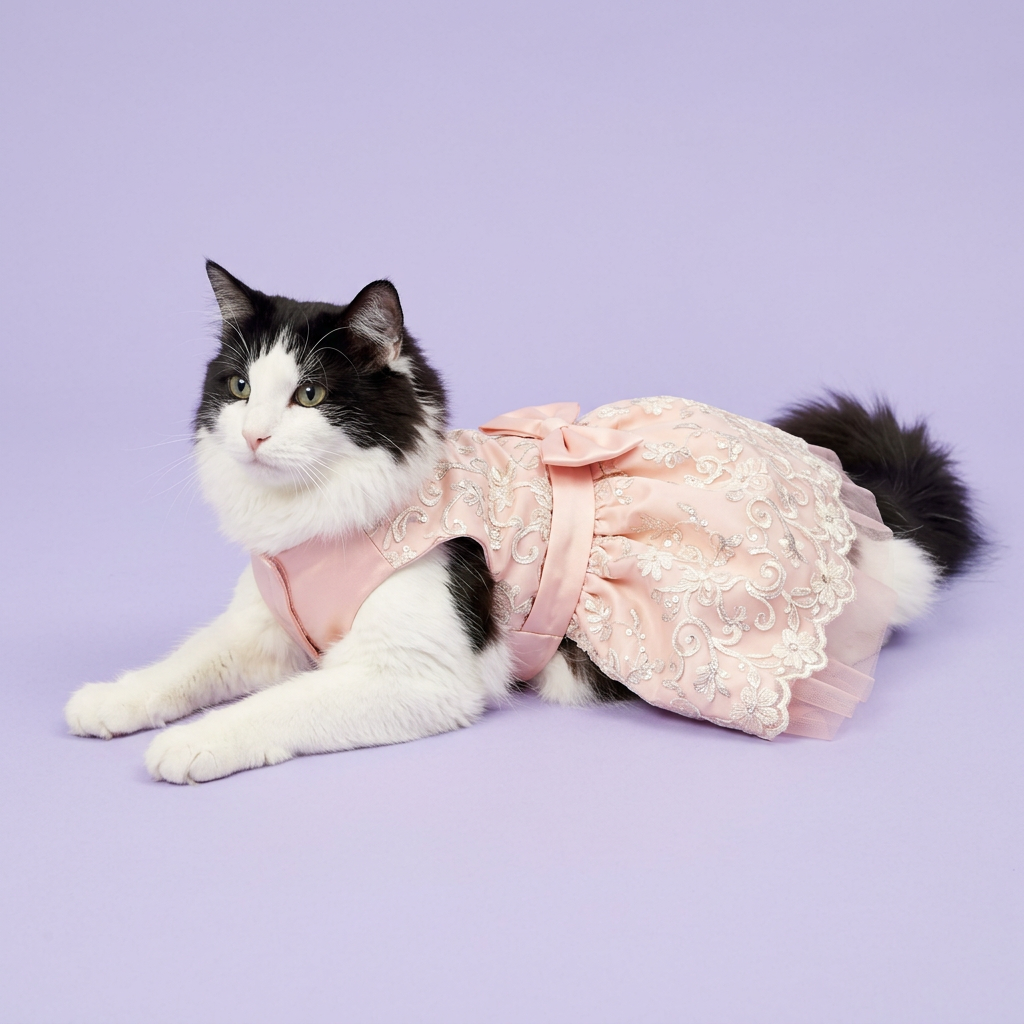 Black-and-white cat wearing the pink embroidered dress
