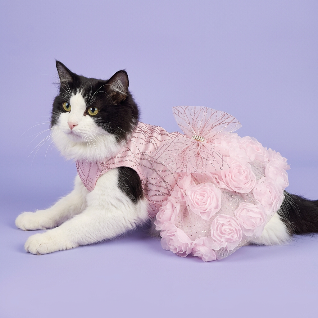 Black-and-white cat wearing the pink rosette dress
