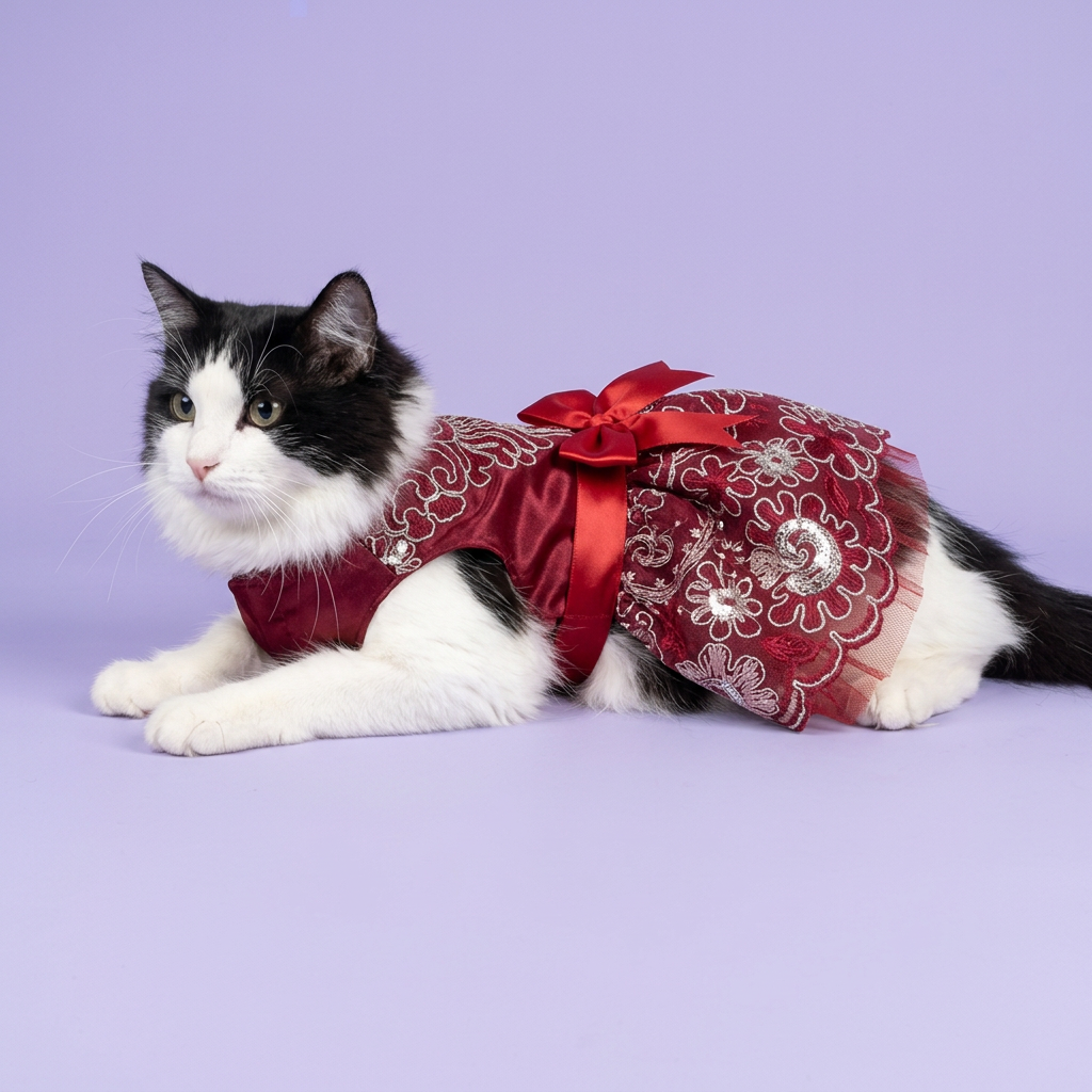 Black-and-white cat wearing the red embroidered dress