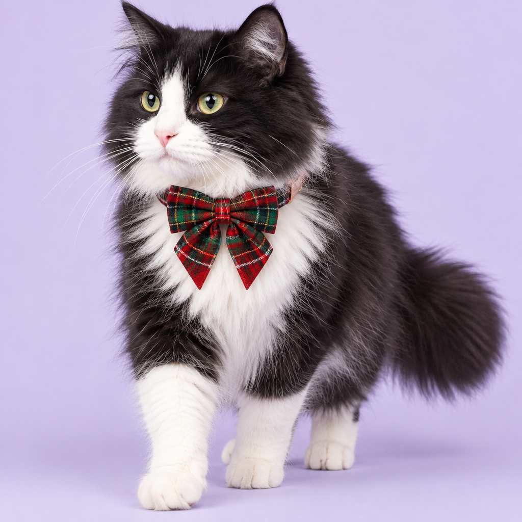Black-and-white cat with smaller red tartan bow