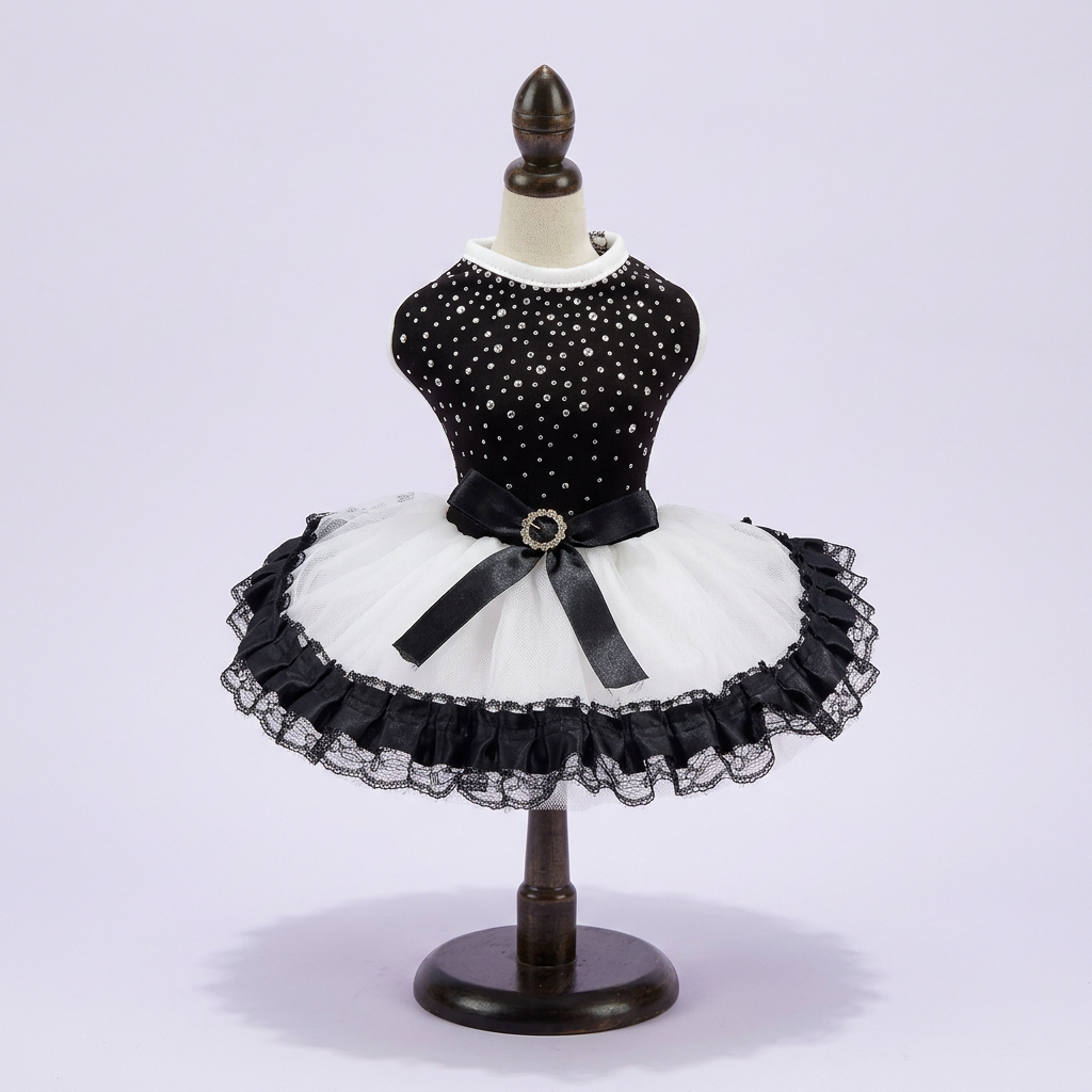 Black-and-white dress straightened on its mannequin against pale lavender