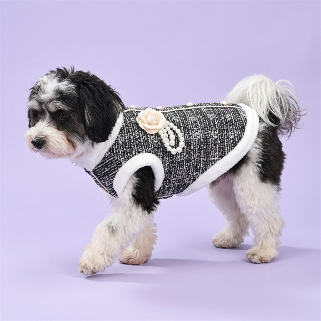 Black-and-white Havanese gently stepping in the tweed jacket