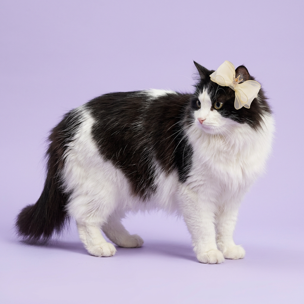 Black-and-white longhaired cat wearing the ivory-and-gold crown bow
